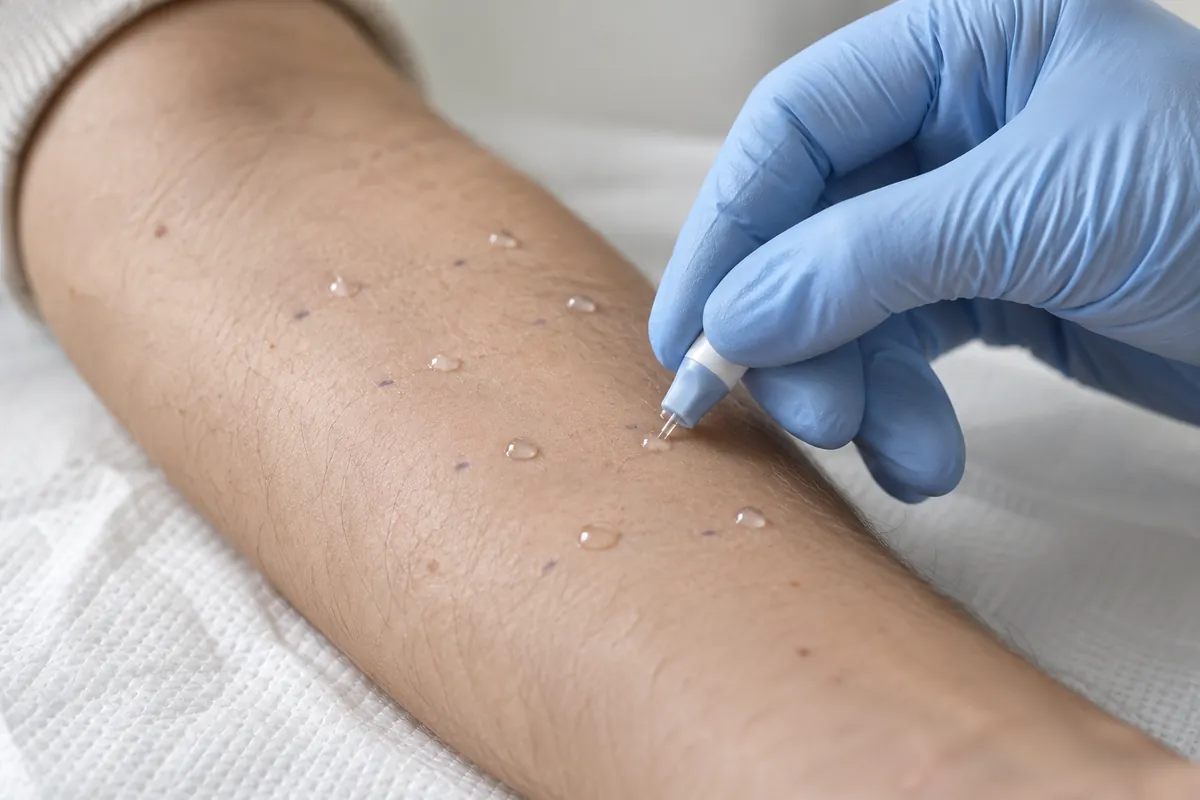 Pricktest am Unterarm: Testlösungen werden als kleine Tropfen aufgetragen