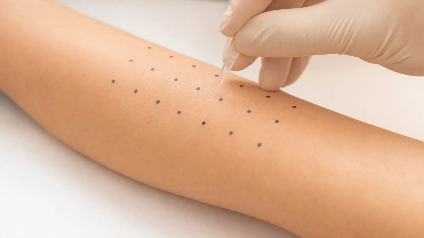 Unterarm mit aufgezeichnetem Punktraster f&uuml;r einen Pricktest, dazu eine feine Lanzette