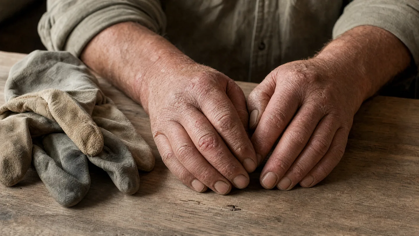 Arbeitsh&auml;nde mit trockener, rissiger Haut auf einer Werkbank, daneben Schutzhandschuhe