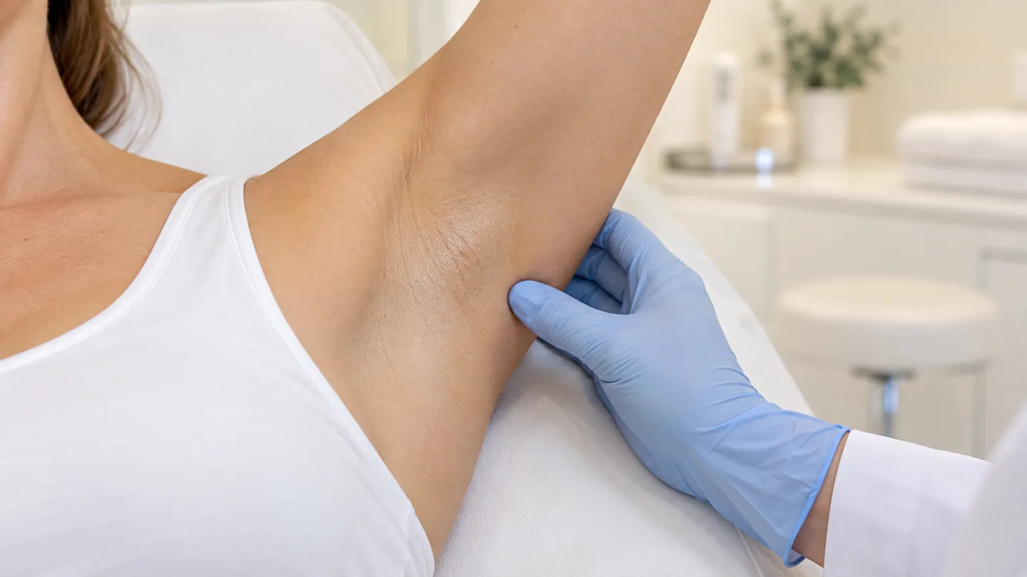 Untersuchung der Achselregion (Axilla) bei angehobenem Arm