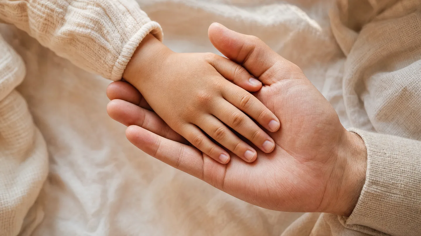 Kinderhand, die in der offenen Handfl&auml;che einer erwachsenen Hand liegt
