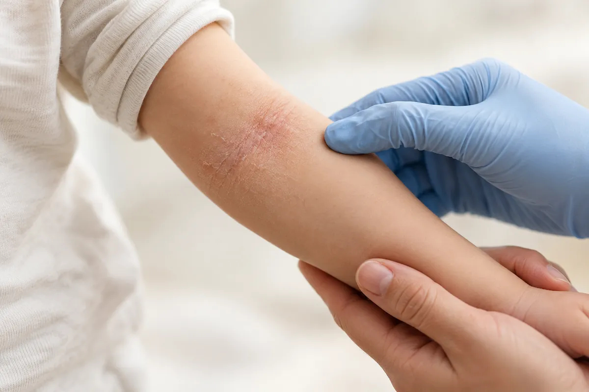 Behutsame Untersuchung der Haut am Arm eines Kindes