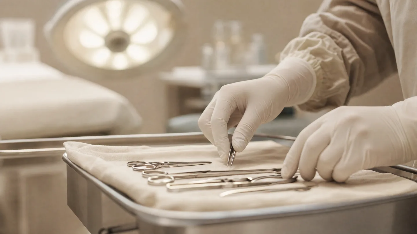 Behandschuhte H&auml;nde richten sterile Instrumente auf einem Tablett