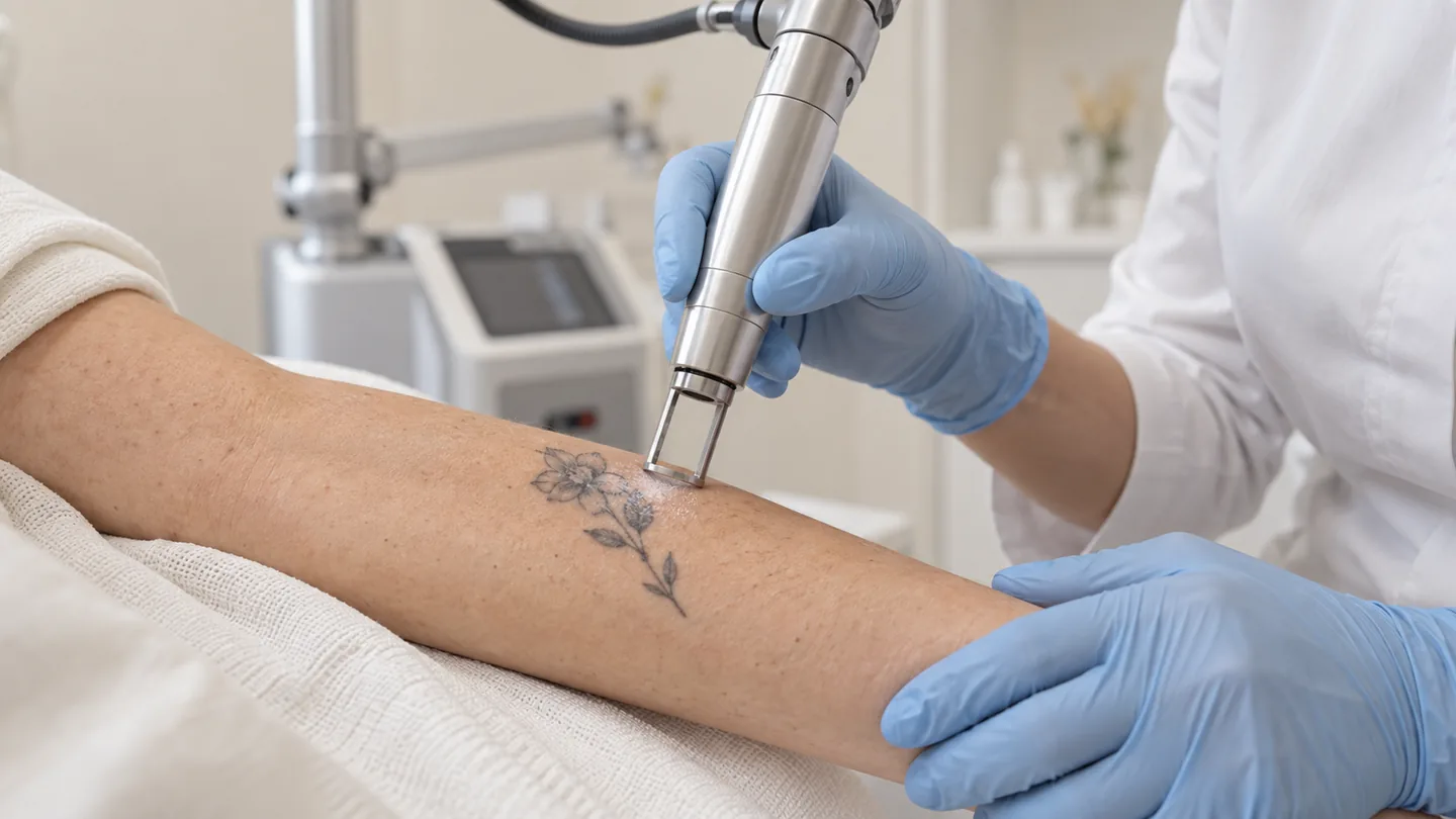 KI-generiertes Symbolbild: Laserhandstück zur Tattooentfernung an einem Unterarm